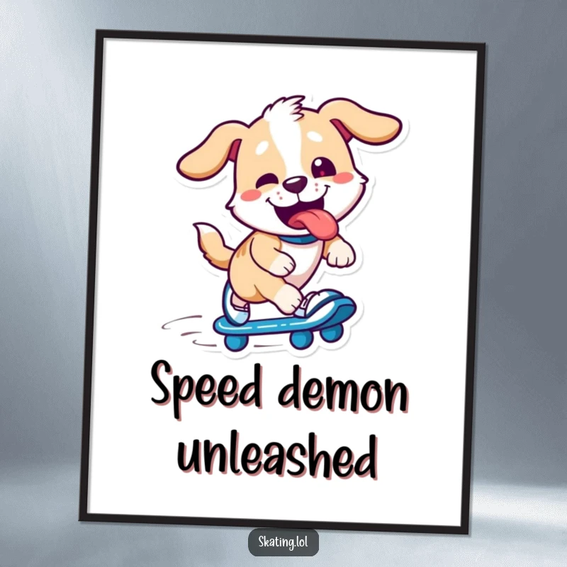 Funny dog character on skates, tongue out, big smile, dynamic action pose, instant download funny gift art.