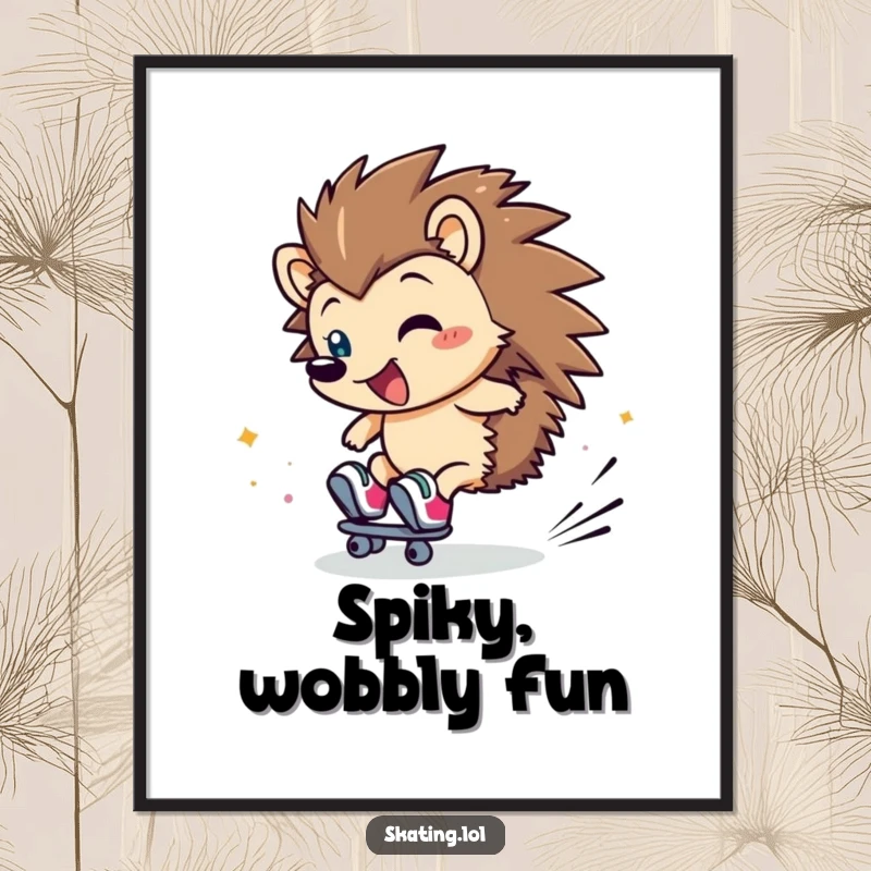 Funny Hedgehog Digital Art Print: A clumsy hedgehog character rolls on skates, creating a flurry of giggles.