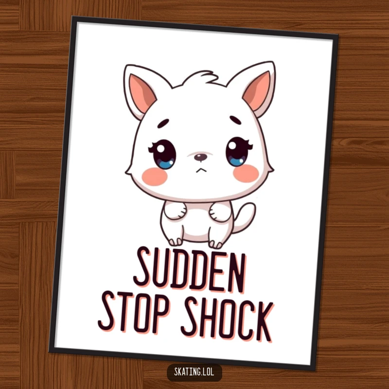 Funny digital art print of a startled animal character reacting to a sudden stop, perfect for humorous wall decor and gift-giving.