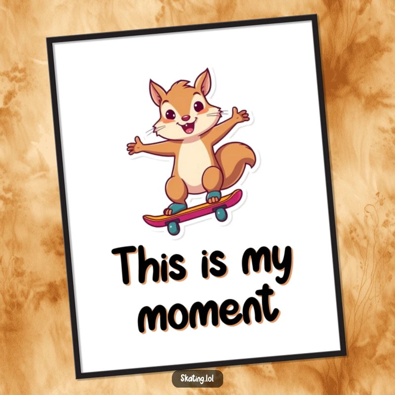 Funny squirrel character doing a flashy skate trick, available as an instant download digital art print.