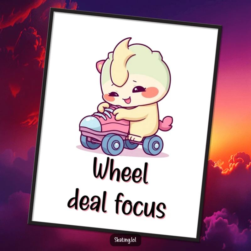 Funny digital art print of a creature character smiling while curiously examining roller skate wheels, for humorous display.