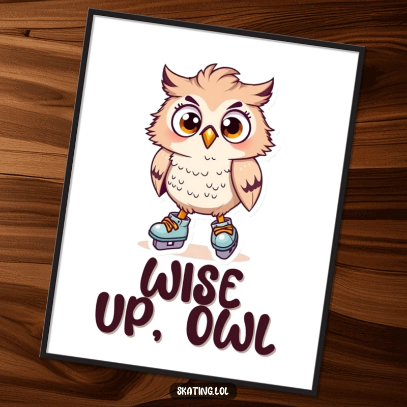 Funny surprised owl character wobbling on skates, wide eyes, ruffled feathers, instant download funny gift art.