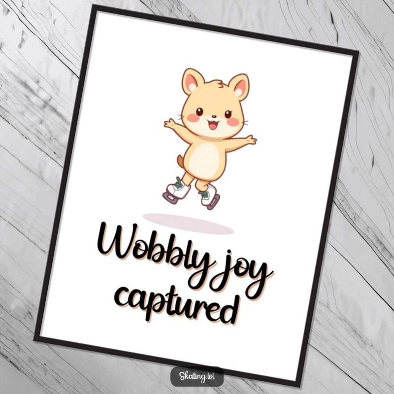 Funny digital art print of a small animal character performing a wobbly, joyful pirouette on skates for humorous display.