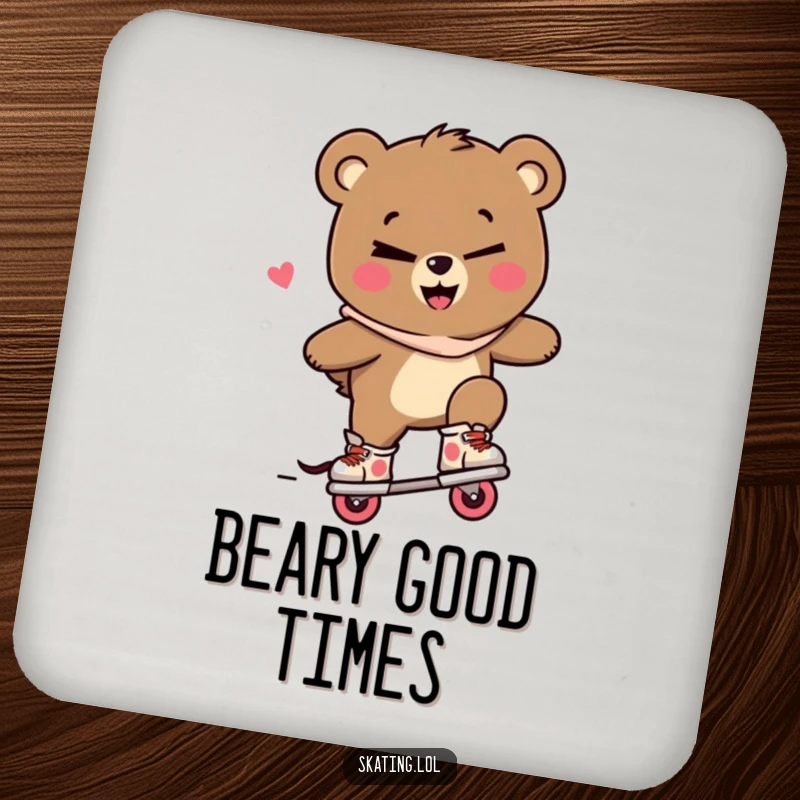 Funny bear coaster, a bear character winking and performing a trick on inline skates with a mischievous smile, protecting surfaces.