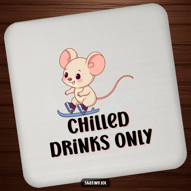 Funny Mouse Drink Coaster: A giggling mouse character zips past on skates, leaving a snowy trail.
