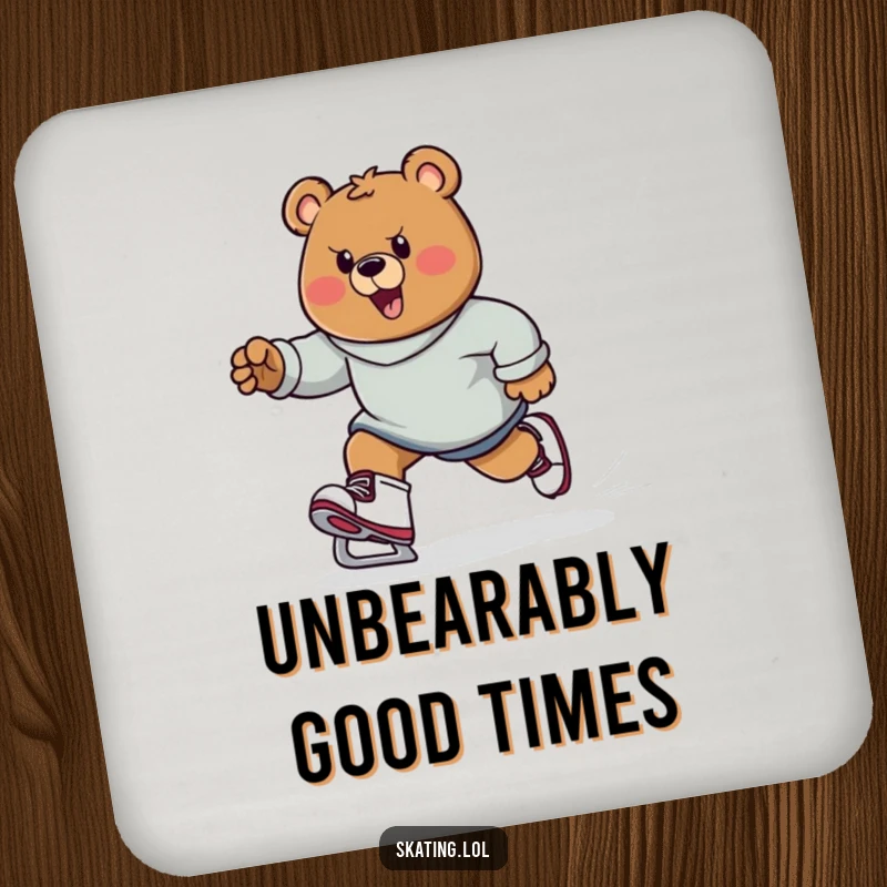 Funny bear character on skates, determined expression, protecting surfaces, strong and practical funny gift.