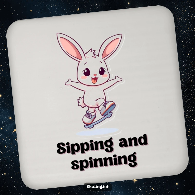 Funny drink coaster with a delighted bunny character bouncing and attempting a graceful spin on ice skates, adding humor and charm.
