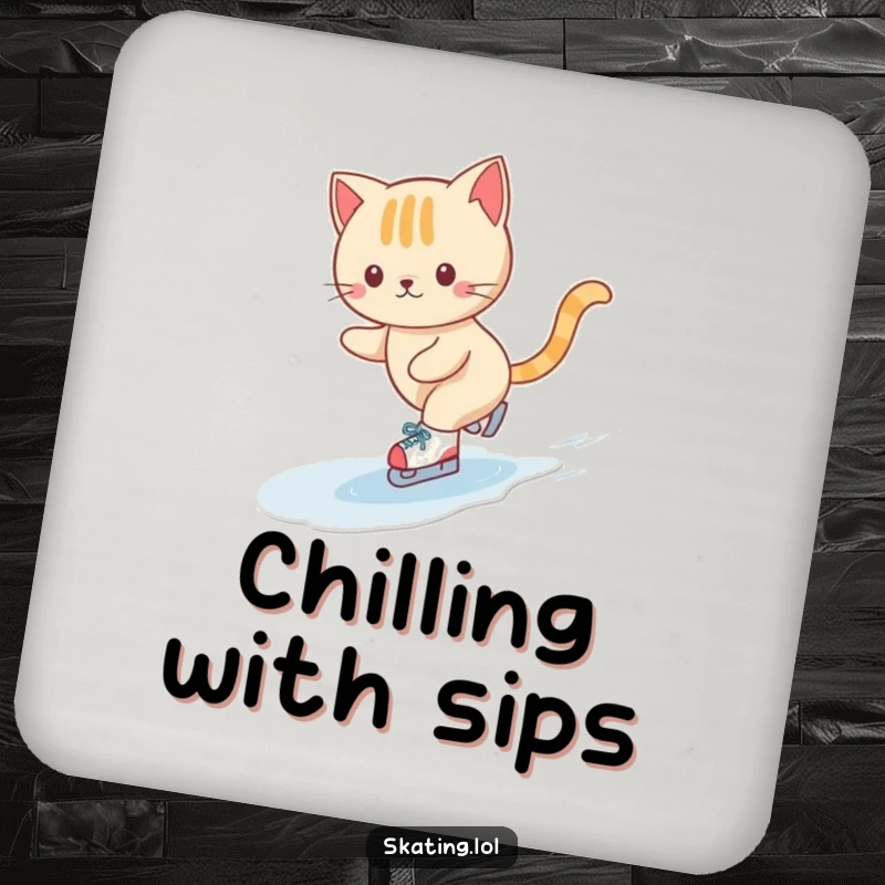 Funny drink coaster with a cute cat character gracefully ice skating on tiny skates, adding a touch of humor and charm.