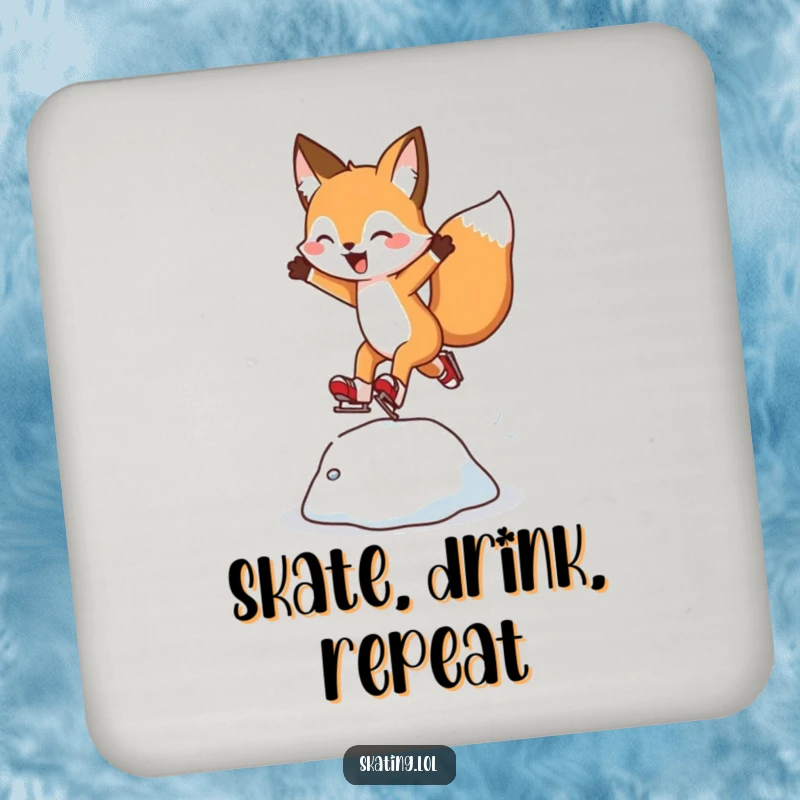 Funny Fox Drink Coaster: A cheerful fox character leaps over an ice bump, adding skating fun.