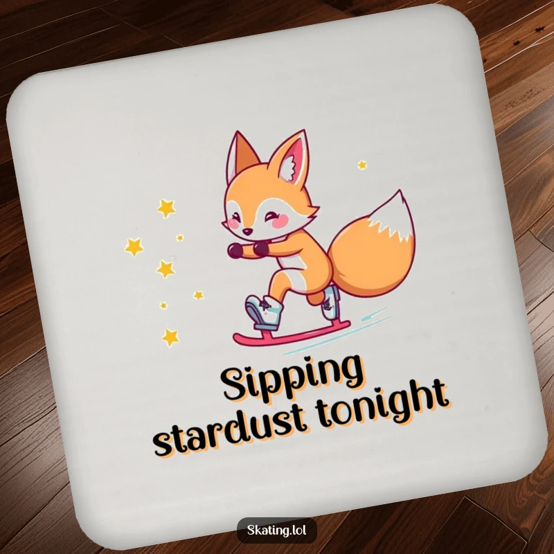 Funny fox coaster: a cute fox character comically slides on roller skates, leaving a trail of stars, a magical accessory.