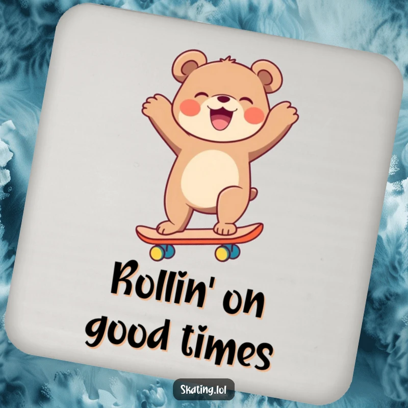 Funny laughing bear on a skateboard, arms flailing, drink coaster for a funny gift.