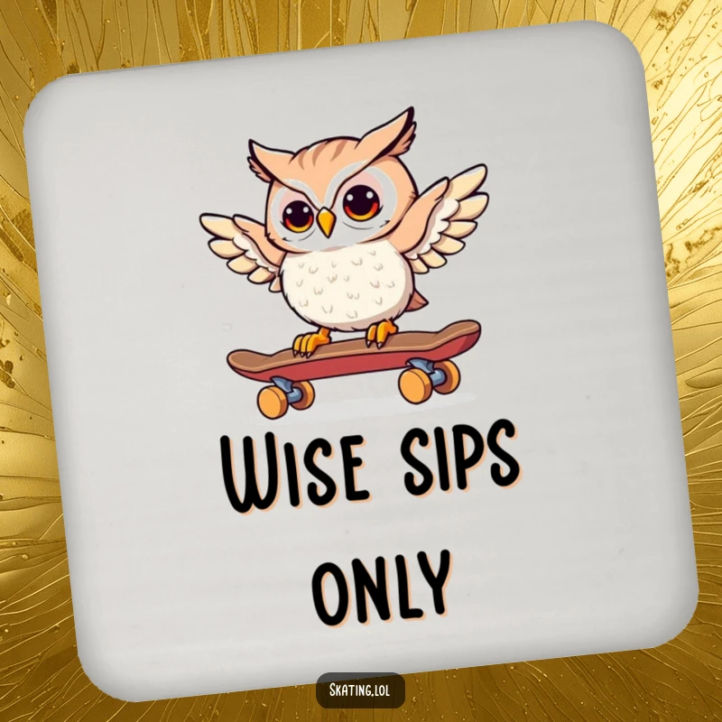Funny Owl Skateboarder Drink Coasters: A curious owl steers a skateboard with its wings, offering protection.