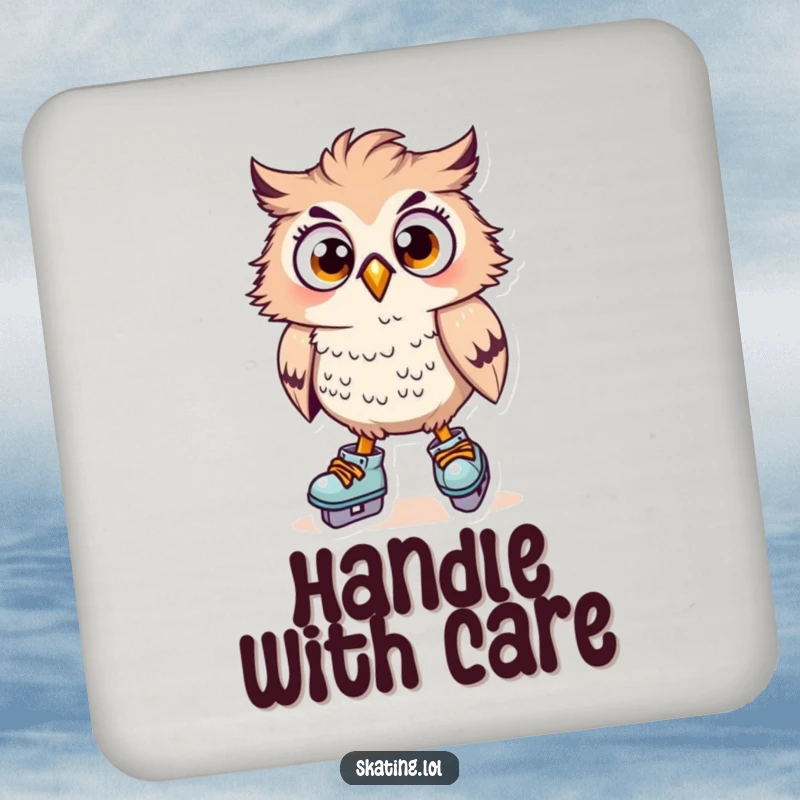 Funny owl character on skates, surprised expression, protecting surfaces, wide eyes, practical funny gift.