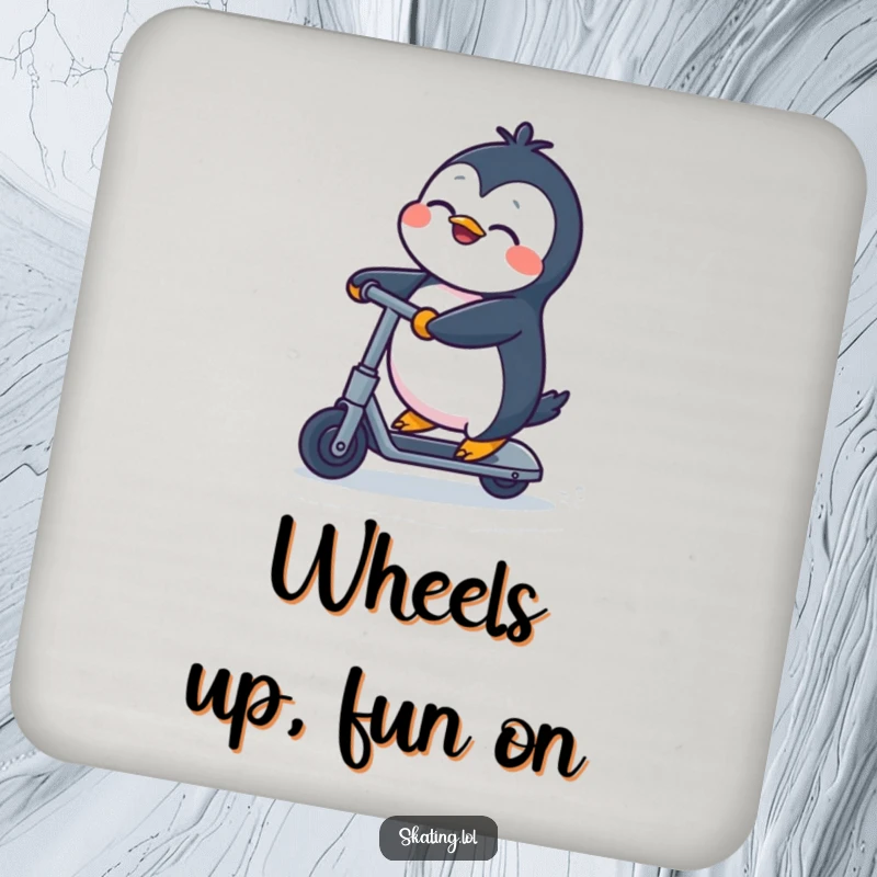 Funny Penguin Coasters: A penguin comically speeding on a kick scooter with eyes closed, perfect funny gift.