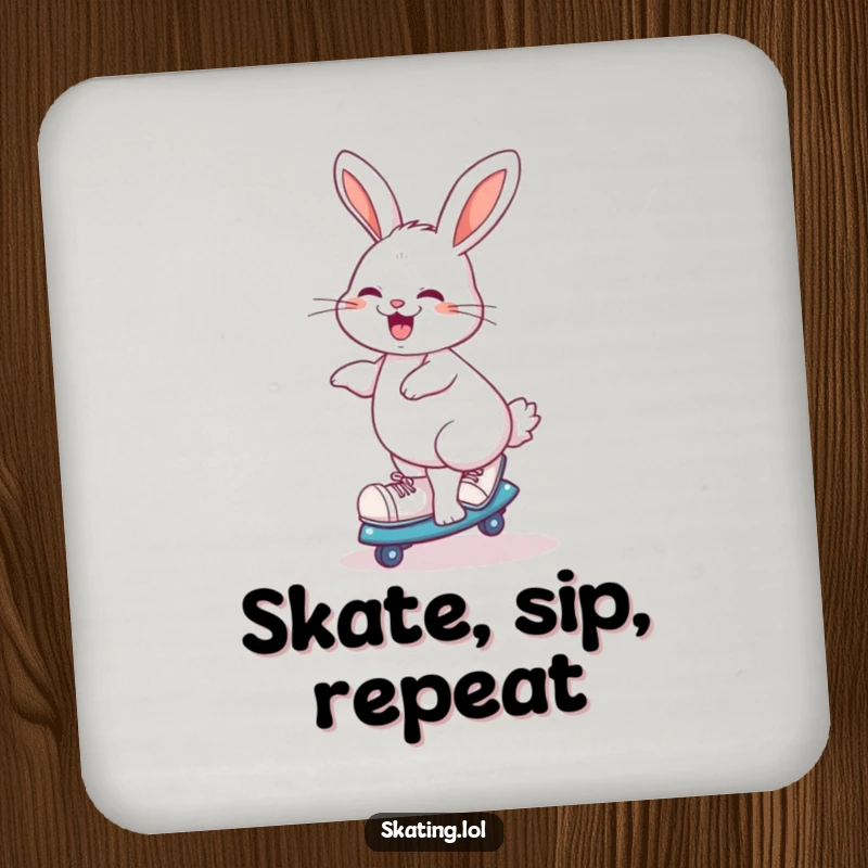 Funny giggling rabbit doing a playful spin on roller skates, humorous drink coaster for skaters.