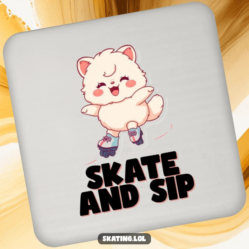 Funny Roller Skate Party Coaster with a grinning fluffy character gliding on skates, protecting surfaces with humor and style.