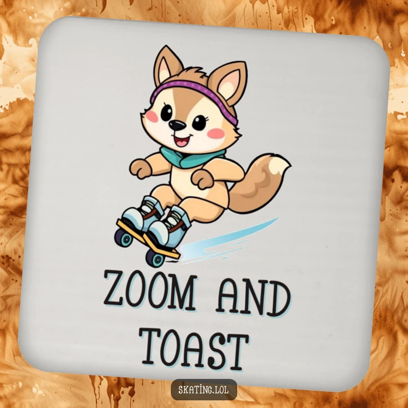 Funny animal character zooming downhill on rollerblades with a grin, on a drink coaster for humorous surface protection.