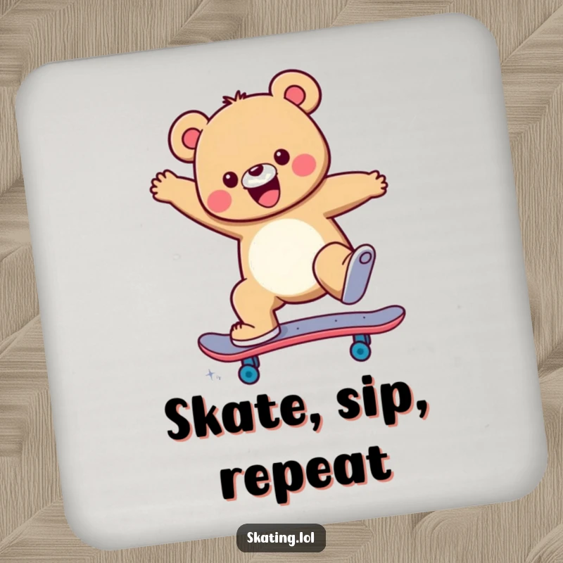 Funny Drink Coaster showcasing a cheerful bear character mid-skateboard jump, designed to protect surfaces with flair.