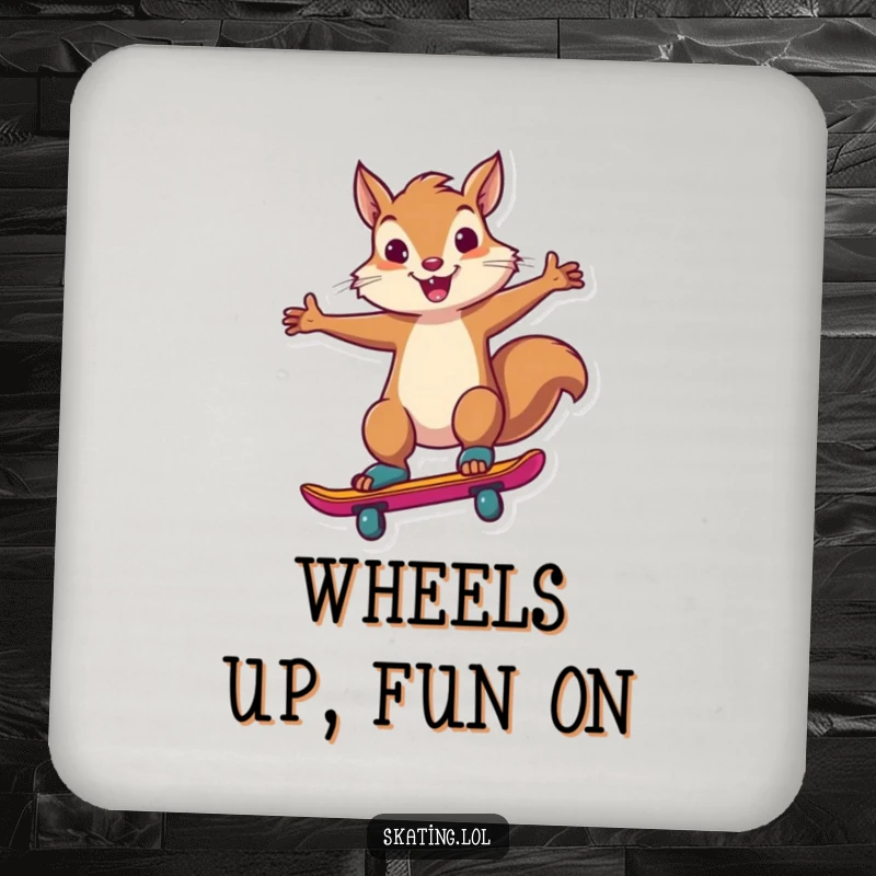 Funny squirrel performing a triumphant skate trick, designed as a protective and humorous drink coaster.