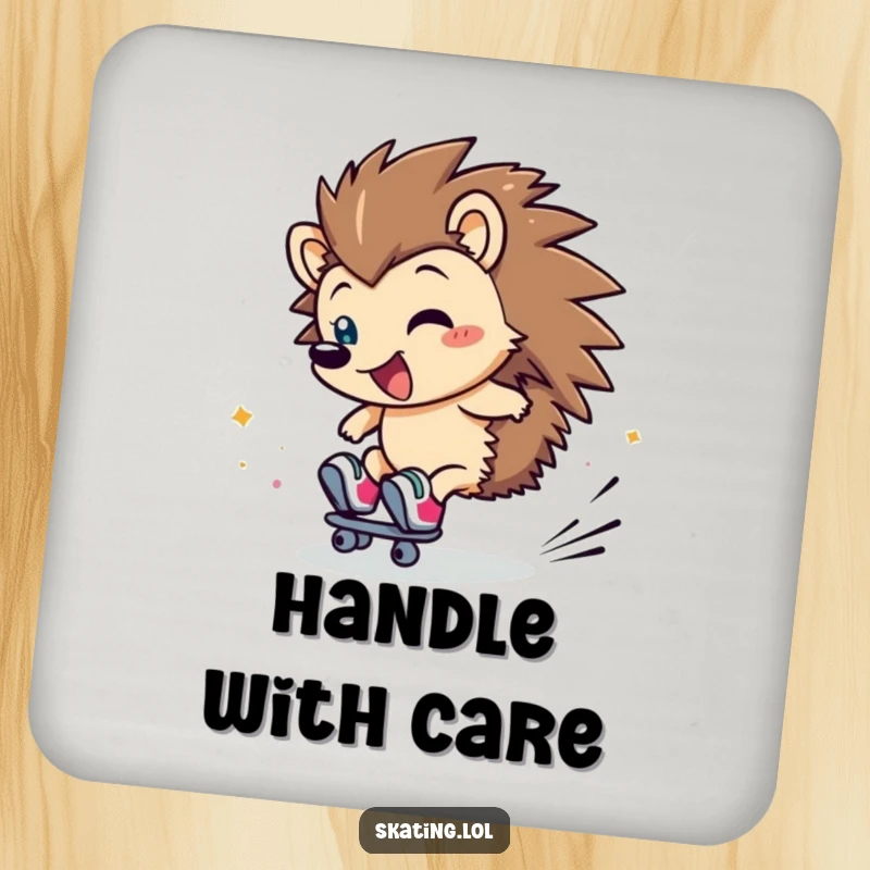 Funny Hedgehog Drink Coaster: A clumsy hedgehog character rolls on skates, a flurry of giggles.