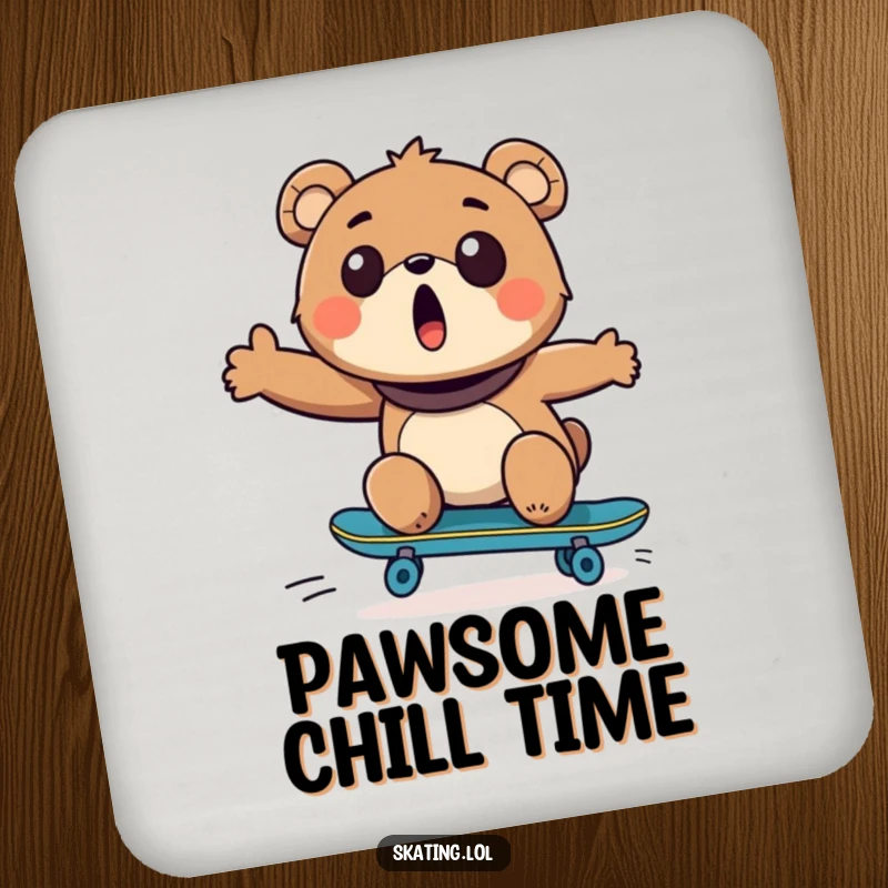 Funny Bear Skateboarder Drink Coasters: A surprised bear character skates, protecting surfaces with skateboarding fun.