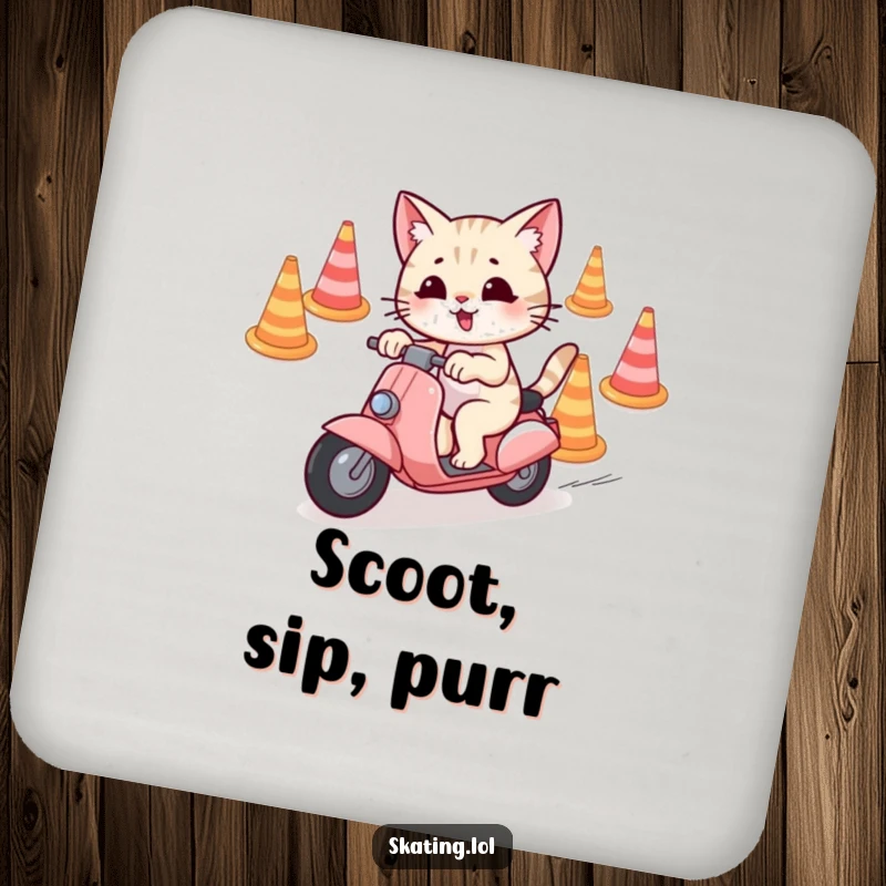 Funny Drink Coaster showing a playful cat character weaving through cones on a scooter, designed to protect tables.