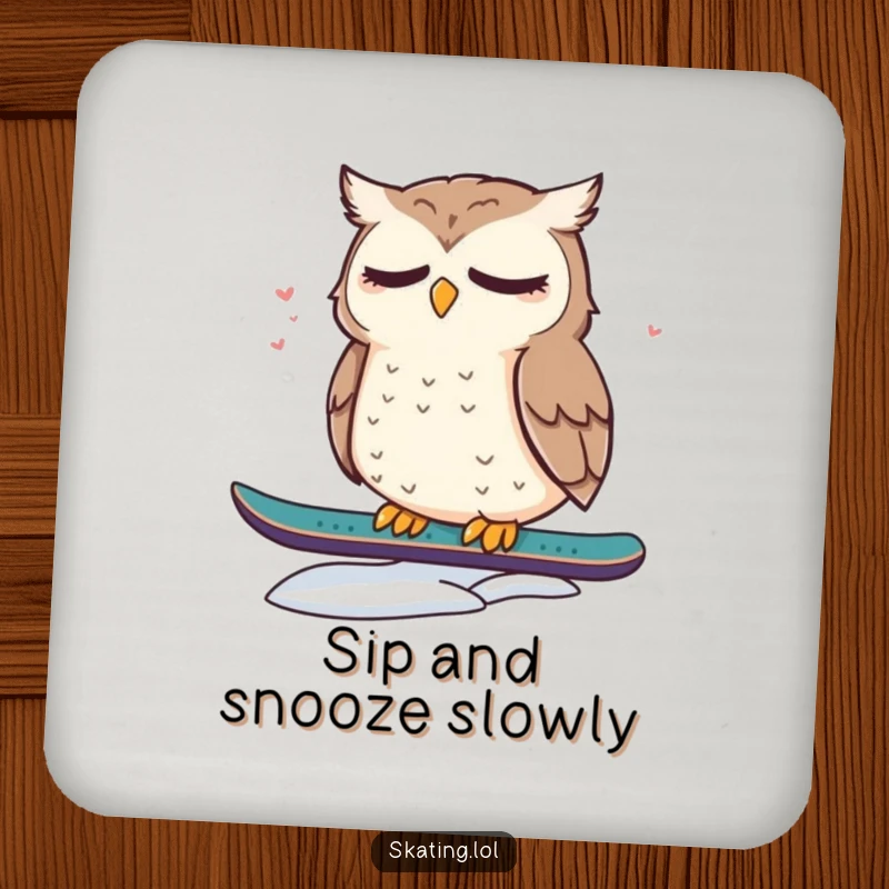 Funny drink coaster featuring a cute, dazed owl resting on a snowboard, protecting surfaces with sleepy and charming flair.