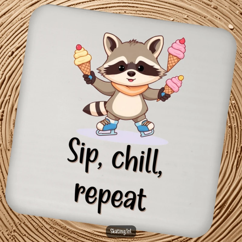 Funny drink coaster featuring a mischievous raccoon juggling ice cream cones on ice skates, protecting surfaces with sweet and humorous flair.