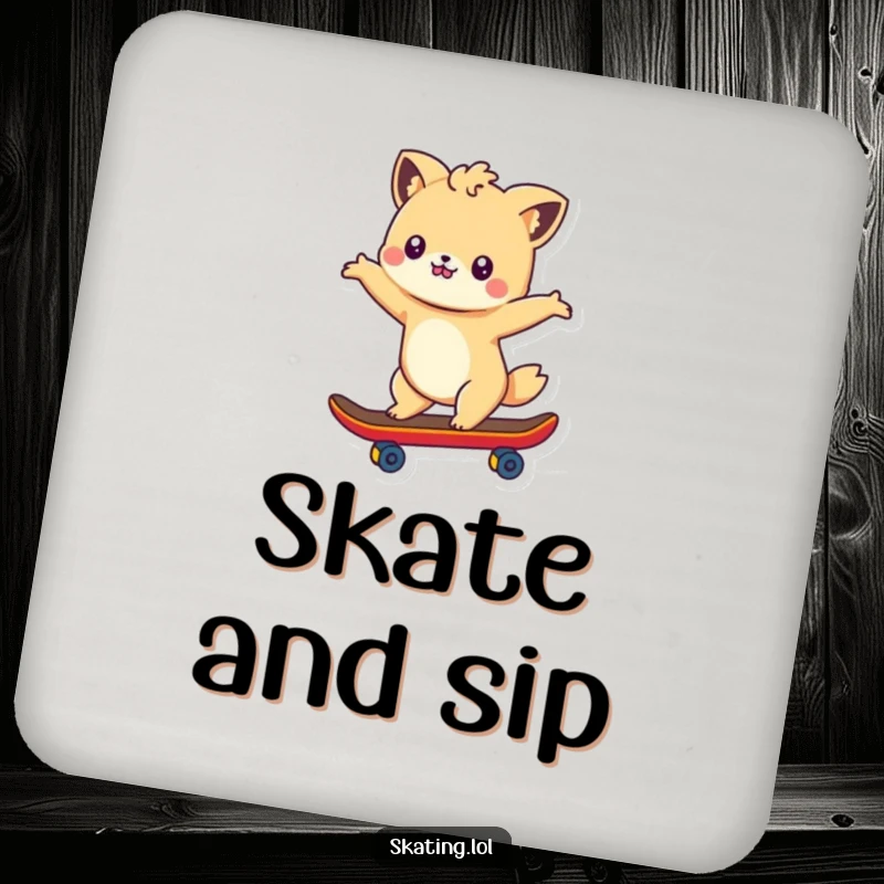 Funny drink coaster showing a cute animal character skateboarding gracefully with arms outstretched, embodying movement and fun.