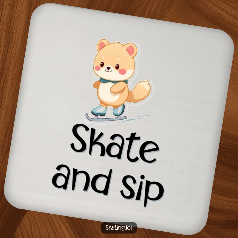 Funny fuzzy animal character ice skating, featured on a drink coaster for humorous protection of surfaces during gatherings.