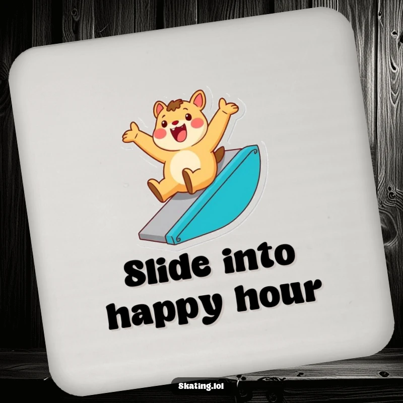 Funny drink coasters featuring an enthusiastic animal character sliding down a ramp with a triumphant flourish, adding playful flair.