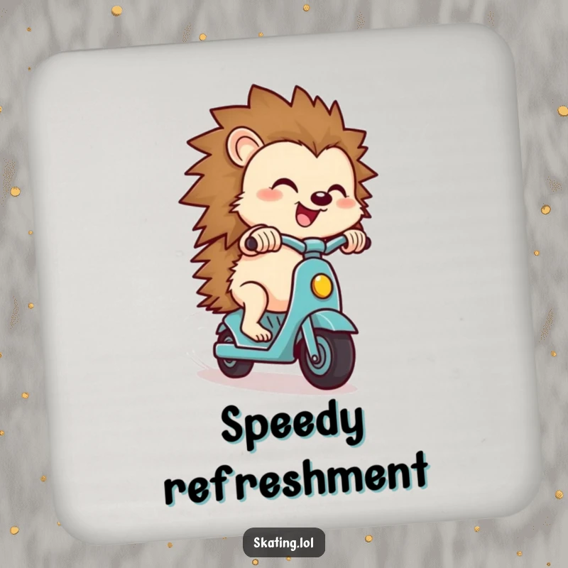 Funny hedgehog coaster, a small hedgehog character zipping downhill on a scooter with a look of pure delight, protecting surfaces.