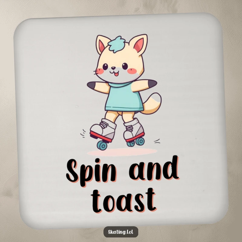 Funny playful animal character roller skating, featured on a drink coaster for humorous protection of surfaces at parties or home.
