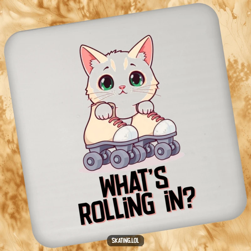 Funny surprised cat coaster with a feline peeking from behind roller skates, a humorous and practical accessory for any table.