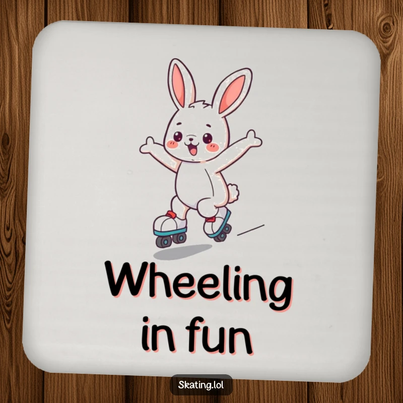 Funny bunny coaster with a cute character joyfully roller skating, arms outstretched, a charming and practical accessory.