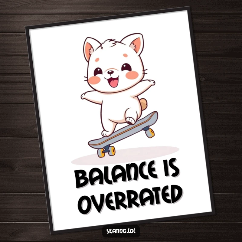 Funny poster of a charming animal character attempting a wobbly, joyful balance on a skateboard, creating a humorous and endearing scene.