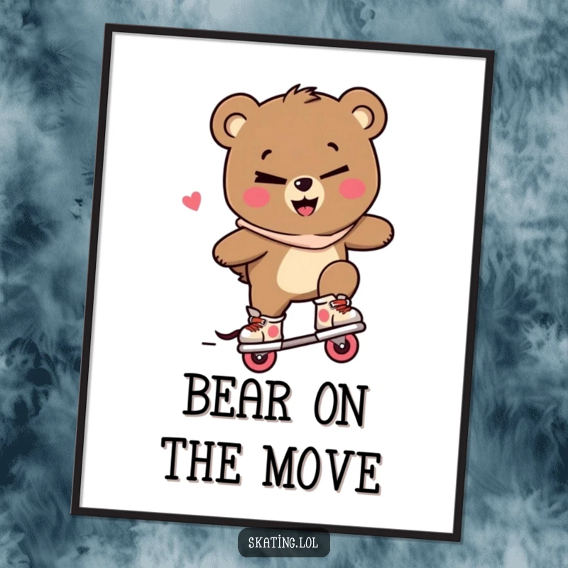 Funny bear poster, a bear character winking and performing a trick on inline skates with a mischievous smile, adding cool decor.