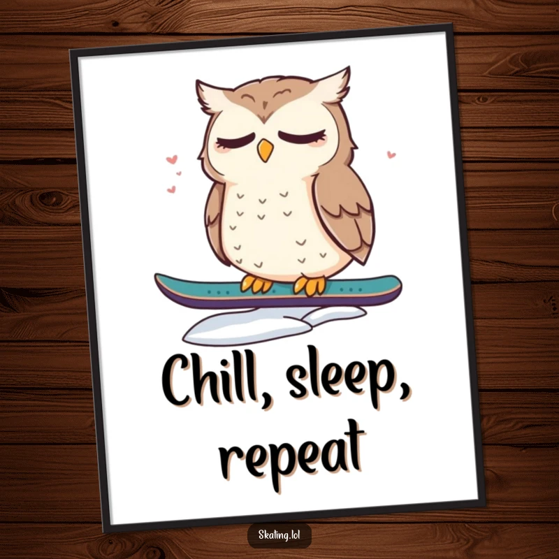 Funny poster featuring a cute, dazed owl resting on a snowboard, adding whimsical and sleepy charm to any room.