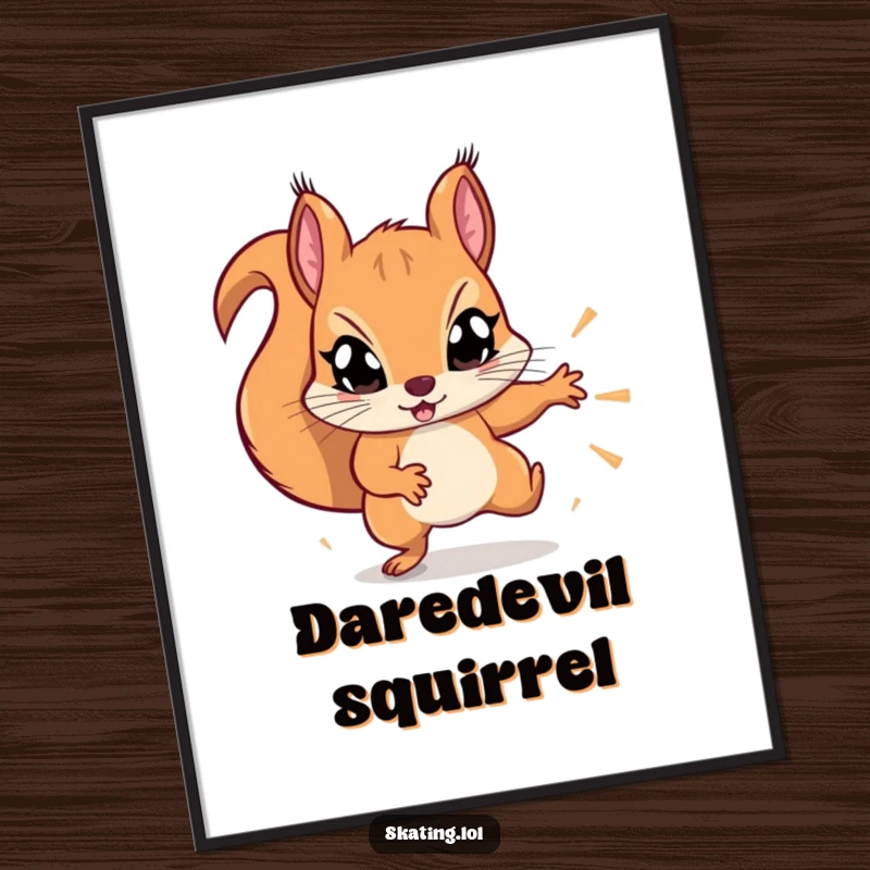 Funny determined squirrel with wide eyes, attempting a flashy trick mid-air, humorous wall art for active spaces.