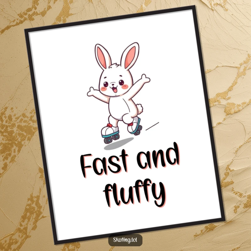 Funny bunny poster with a cute character joyfully roller skating with arms outstretched, inspiring happiness and playful energy.