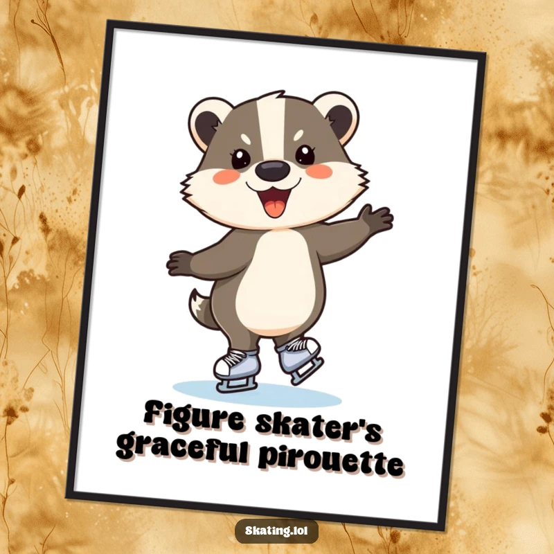 Funny ice skating badger poster, a joyous animal performing an elegant spin on skates, vibrant humorous wall decor.