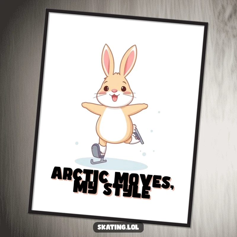 Funny poster featuring a joyful arctic hare performing bunny hops on ice skates, bringing winter merriment and artistic flair.