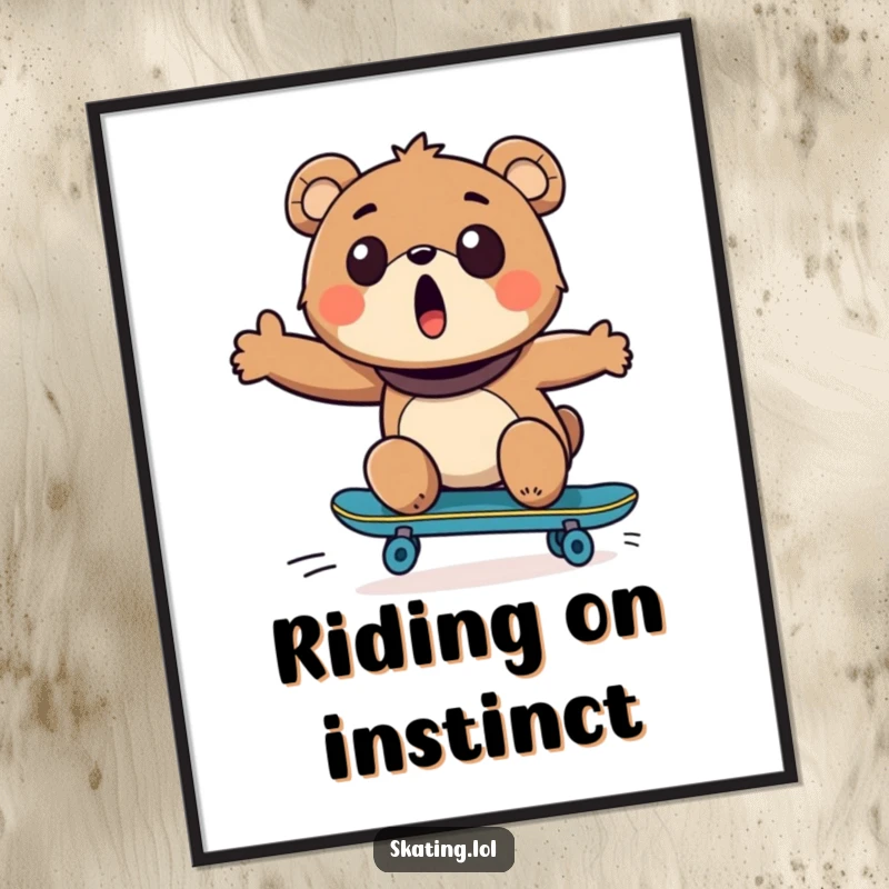 Funny Bear Skateboarder Poster: A delighted bear character with wide eyes rides a skateboard, bringing animated humor.