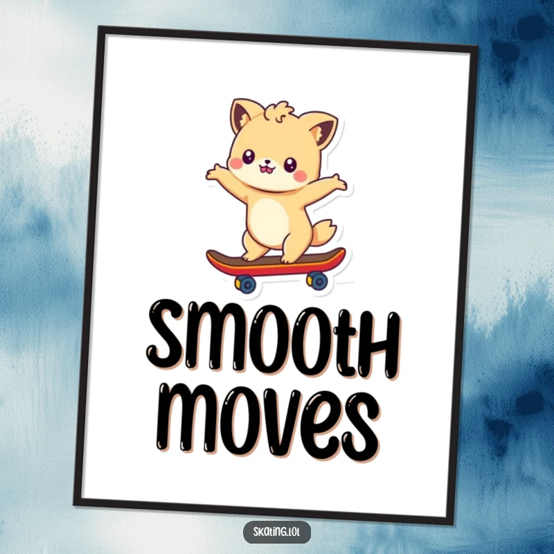 Funny poster of a cute animal character gracefully skateboarding with arms outstretched, capturing a moment of pure joy and freedom.