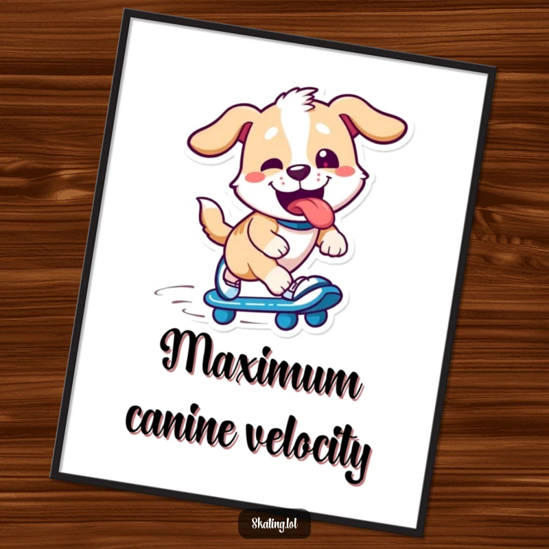 Funny dog character on skates, tongue out, big smile, action shot, vibrant funny gift for wall art.
