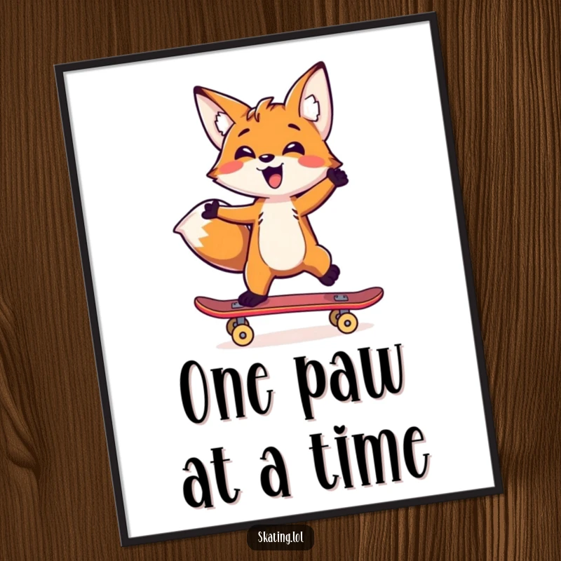 Funny fox character balancing on a skateboard with one paw, depicted in a humorous poster.