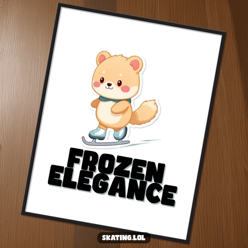 Funny fuzzy animal character captured mid-glide on ice skates, presented as vibrant wall art, bringing comedic cheer to any room.