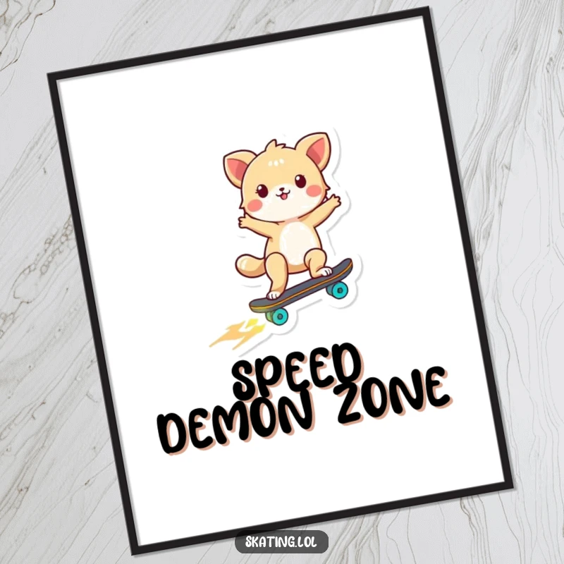 Funny poster print of a tiny dynamic animal spinning on a skateboard, its wheels emitting a bright, magical glow.