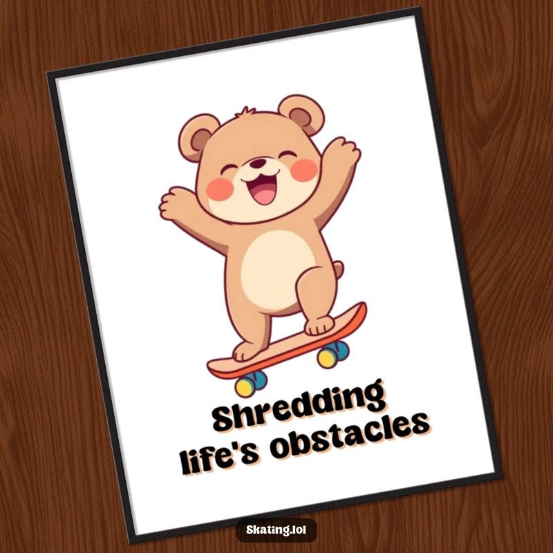 Funny laughing bear on a skateboard, arms flailing wildly, wall art poster for a funny gift.