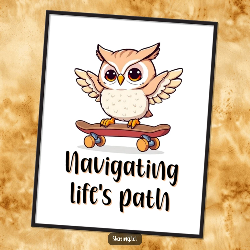 Funny Owl Skateboarder Poster: A curious owl cautiously rides a skateboard using its wings, bringing wise humor.